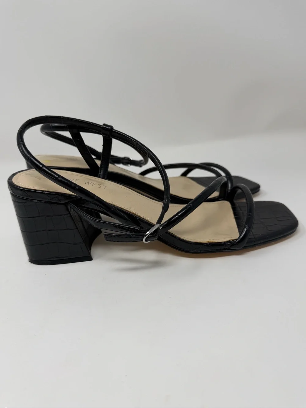 Women’s Nine West Black Croc-Embossed Strappy Block Heels